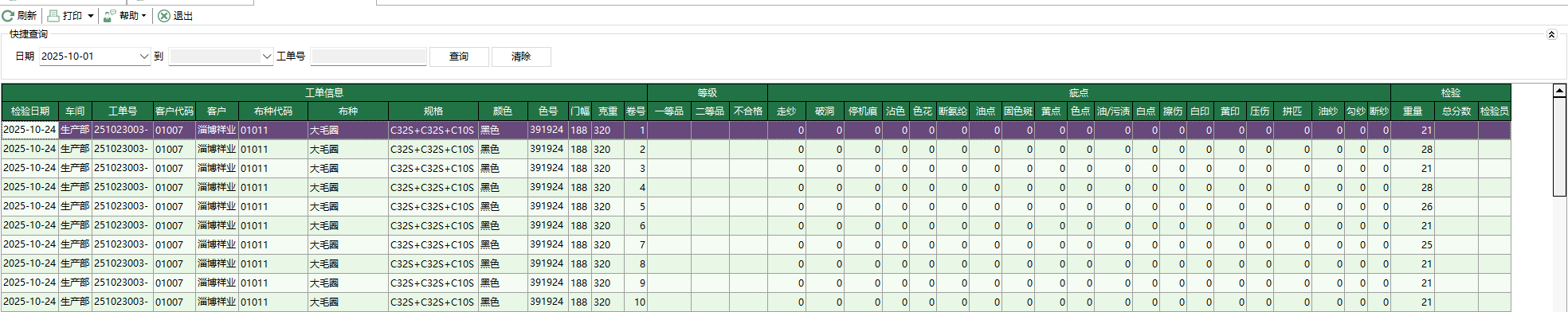 圖1 四分製麵料檢驗單