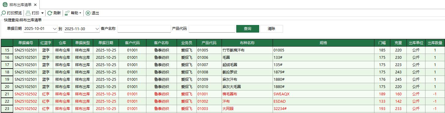 圖1 樣布出庫清單