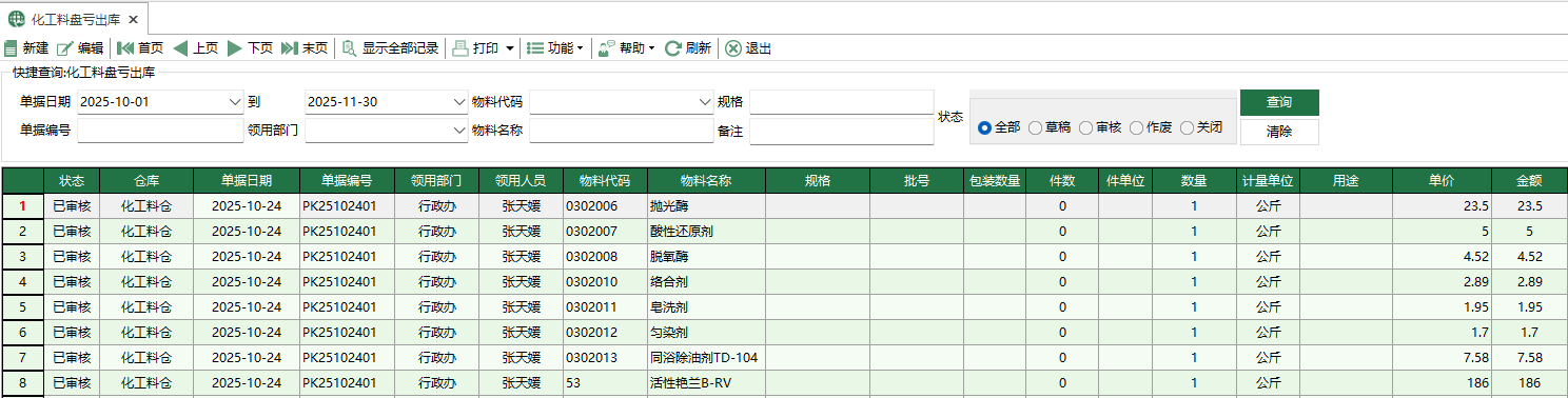 圖1 化工料盤虧出庫