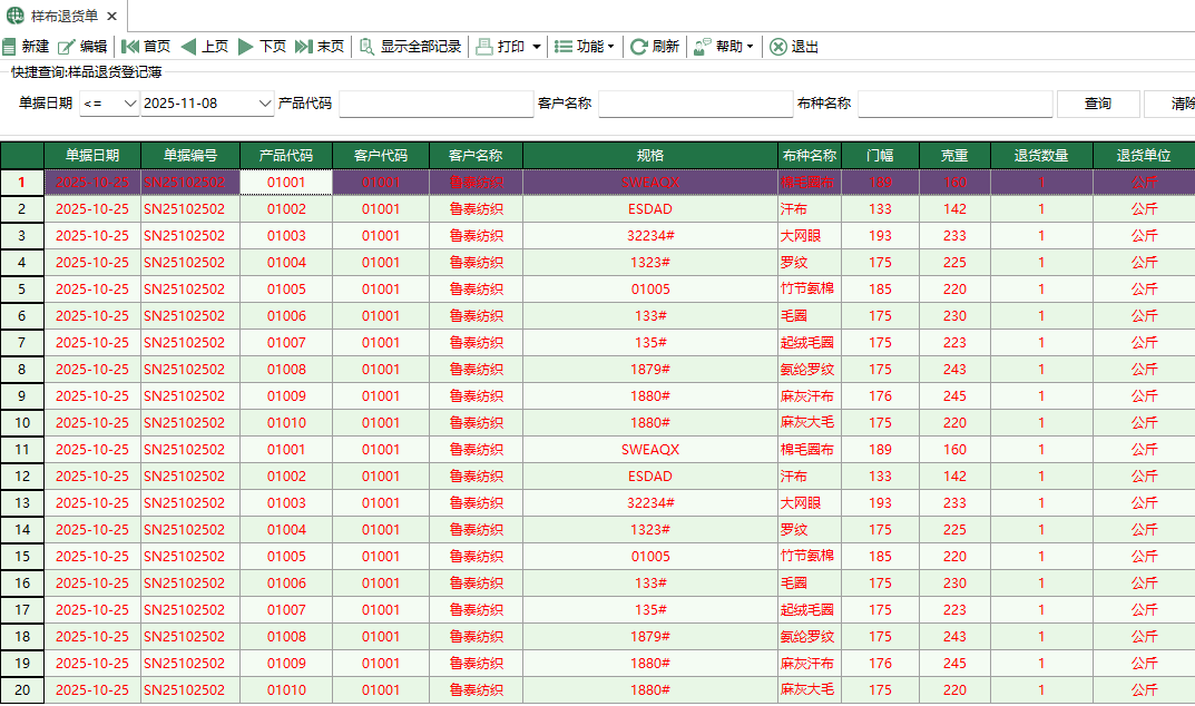 圖1 樣布退貨單