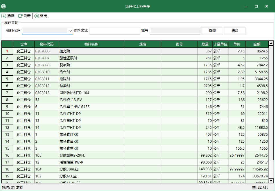 圖3 選擇化工料庫存