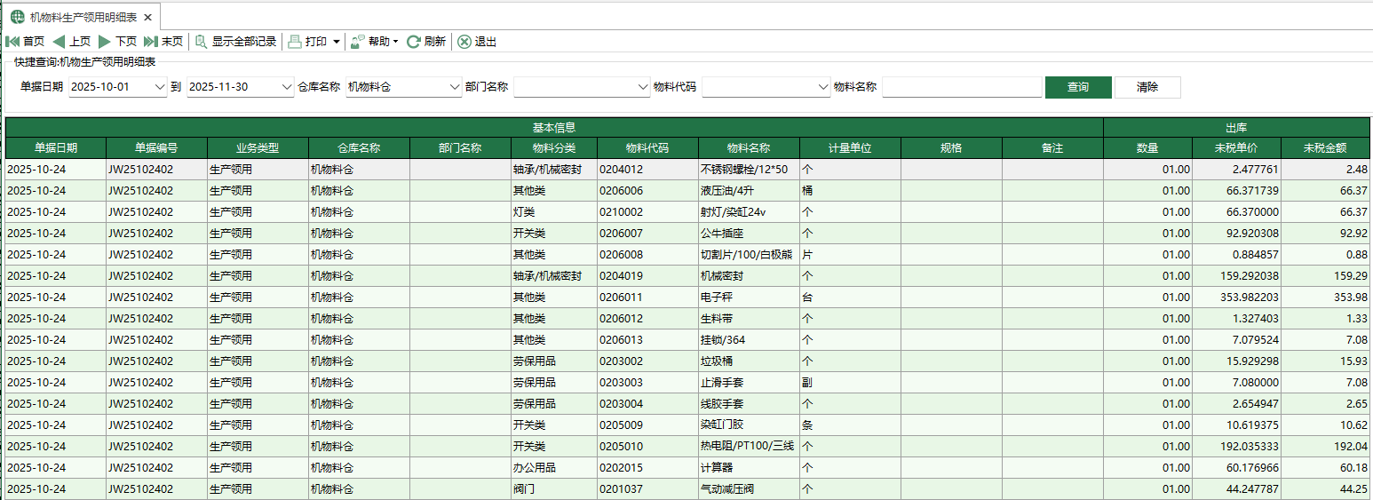 圖1 機物料生產領用明細表
