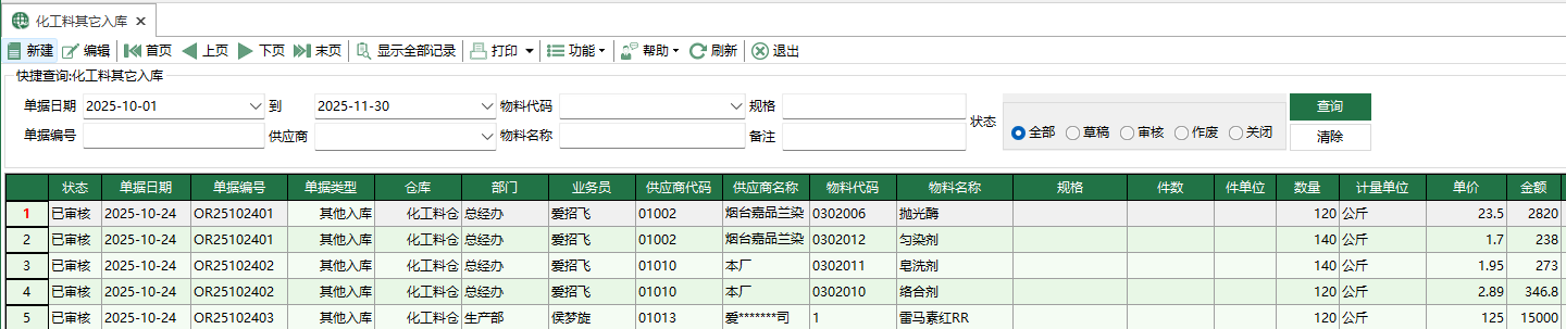 圖1 化工料其它入庫